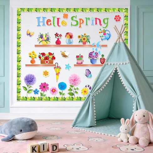 Konsait 73Pcs Hello Spring Bulletin Board Decorations, Blossom Flowers Butterfly Leaves Bulletin Board Set for Classroom Home Office, Spring Decorations in Saudi Arabia