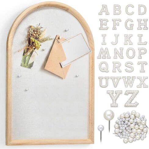24x16 Arch Bulletin Board with Pin Linen Display Framed Decorative Hanging Wood Vision Arch Cork Board for Wedding Wall Office School Home Decor, 70 Pearl Studs, 26 Letter Stickers(Natural) in Kuwait