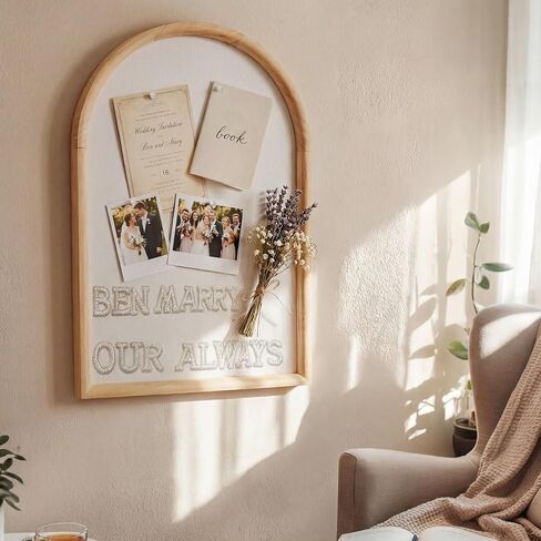 24x16 Arch Bulletin Board with Pin Linen Display Framed Decorative Hanging Wood Vision Arch Cork Board for Wedding Wall Office School Home Decor, 70 Pearl Studs, 26 Letter Stickers(Natural) in Kuwait