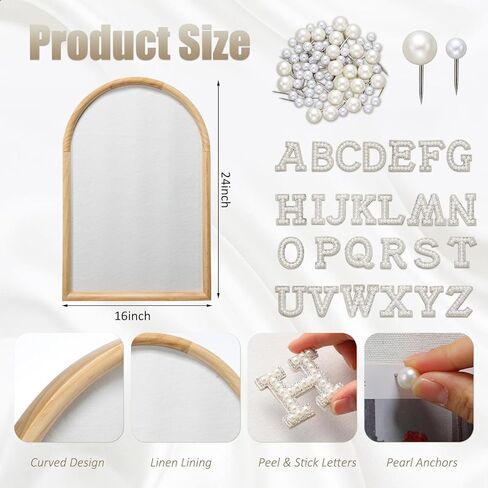 24x16 Arch Bulletin Board with Pin Linen Display Framed Decorative Hanging Wood Vision Arch Cork Board for Wedding Wall Office School Home Decor, 70 Pearl Studs, 26 Letter Stickers(Natural) in Kuwait