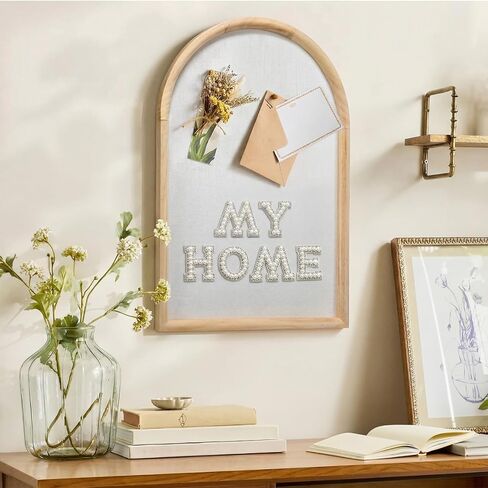 24x16 Arch Bulletin Board with Pin Linen Display Framed Decorative Hanging Wood Vision Arch Cork Board for Wedding Wall Office School Home Decor, 70 Pearl Studs, 26 Letter Stickers(Natural) in Kuwait