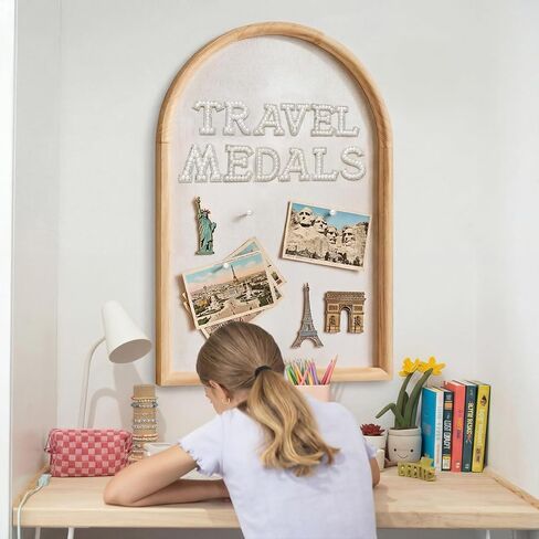24x16 Arch Bulletin Board with Pin Linen Display Framed Decorative Hanging Wood Vision Arch Cork Board for Wedding Wall Office School Home Decor, 70 Pearl Studs, 26 Letter Stickers(Natural) in Kuwait