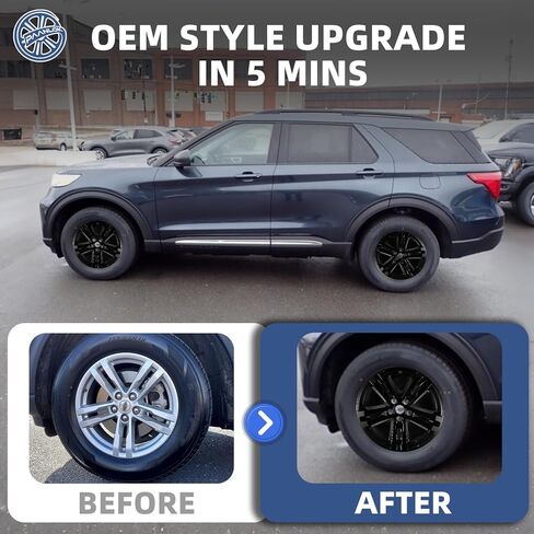 جلود عجلة مقاس 18 بوصة لسيارة Ford Explorer 2020-2024، تناسب عجلات ألمنيوم OEM#LB5Z-1007-A، تصميم سهل الارتداء، 5 قضبان مزدوجة، أغطية عجلات ABS سوداء لامعة بديلة مباشرة، 4 عبوات in Kuwait