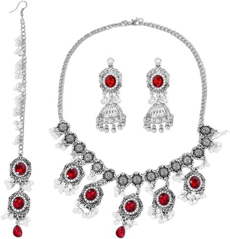 NewZenro Jhumka اللآلئ المقلدة تشيكوسلوفاكيا مطرز شرابة متدلية أقراط متدلية على شكل زهرة هندية قلادة قلادة سلسلة رأس عصابة رأس مجموعة إكسسوارات الشعر للنساء مجوهرات عتيقة مطلية بالفضة in Saudi Arabia