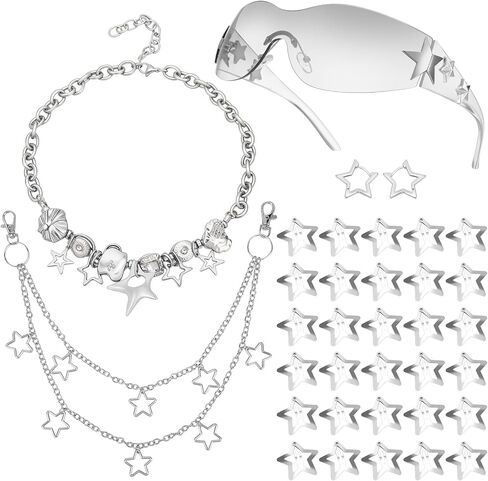 مجموعة إكسسوارات Y2k متضمنة قلادة فضية نجمة Y2k أقراط دائرية لطيفة Y2K نظارات شمسية نجمة مشبك شعر هيب هوب سروال سلسلة مجموعة مجوهرات عتيقة للنساء in Kuwait