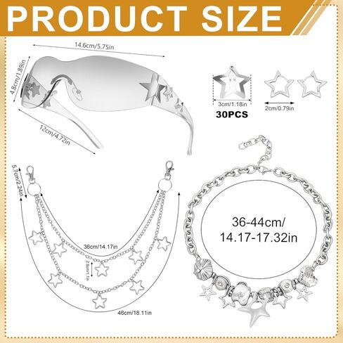 مجموعة إكسسوارات Y2k متضمنة قلادة فضية نجمة Y2k أقراط دائرية لطيفة Y2K نظارات شمسية نجمة مشبك شعر هيب هوب سروال سلسلة مجموعة مجوهرات عتيقة للنساء in Kuwait