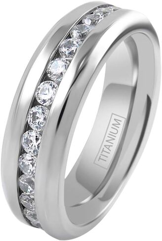 King's Cross Personalized Engraved Dazzling 7mm Ultra-Light Brilliant Polished Titanium Cubic Zirconia (CZ) Eternity Band Ring with Beveled Edges. in Kuwait