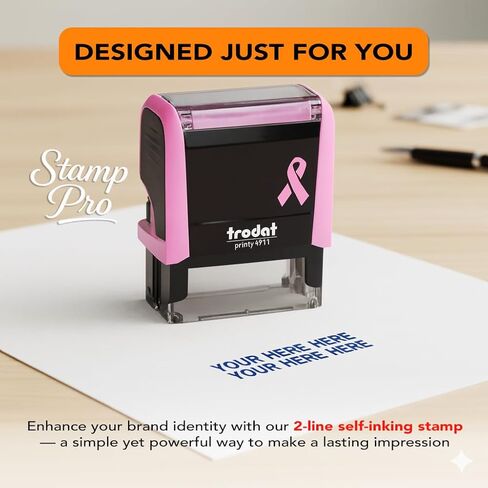 Stamp Pro Breast Cancer Awareness Self-Inking Custom 2 Line Stamp – Personalized Name & Title or Short Address – Pink Ribbon Design – Ideal for Home, Office & Business in Saudi Arabia