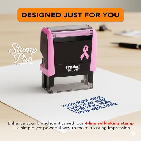 Stamp Pro Breast Cancer Awareness Self-Inking Custom 4 Line Stamp – Personalized Name & Title or Short Address – Pink Ribbon Design – Ideal for Home, Office & Business in Saudi Arabia