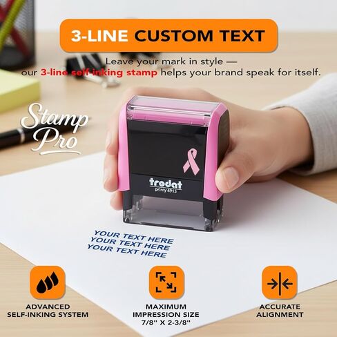 ختم Stamp Pro للتوعية بسرطان الثدي، ختم ذاتي التحبير مكون من 3 أسطر - اسم شخصي وعنوان أو عنوان قصير - تصميم شريط وردي - مثالي للمنزل والمكتب والأعمال in Saudi Arabia