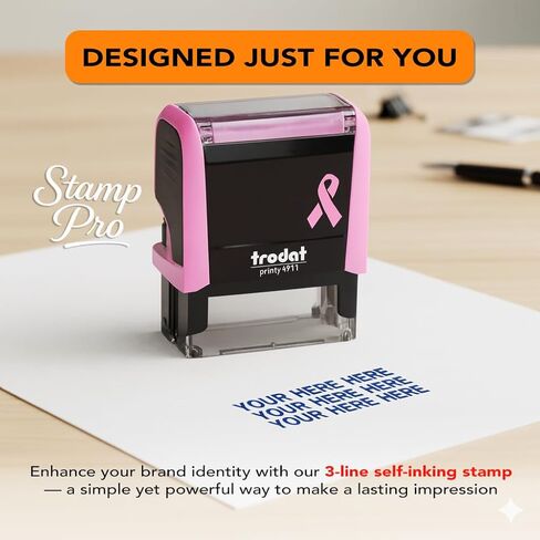 ختم Stamp Pro للتوعية بسرطان الثدي، ختم ذاتي التحبير مكون من 3 أسطر - اسم شخصي وعنوان أو عنوان قصير - تصميم شريط وردي - مثالي للمنزل والمكتب والأعمال in Saudi Arabia