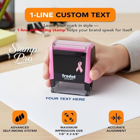 ختم Stamp Pro للتوعية بسرطان الثدي بالحبر الذاتي مخصص بخط واحد - اسم شخصي أو نص قصير - تصميم شريط وردي - للمكتب والمدرسة والأعمال in Saudi Arabia