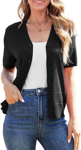 Short Sleeve Cardigans for Women Lightweight Summer Crochet Button Down Cardigan V Neck Hollowed-Out Knit Sweater in Saudi Arabia