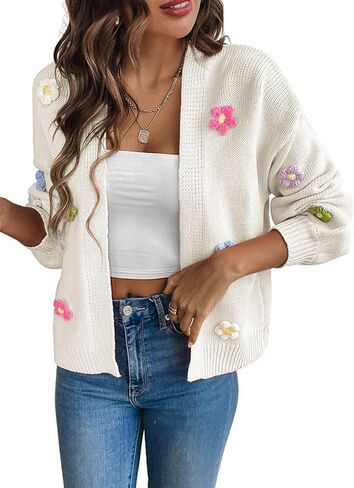 Women's Cropped Cardigan Sweaters Crochet Floral Embroidery Oversized Open Front Knit Sweater Outwear in Saudi Arabia