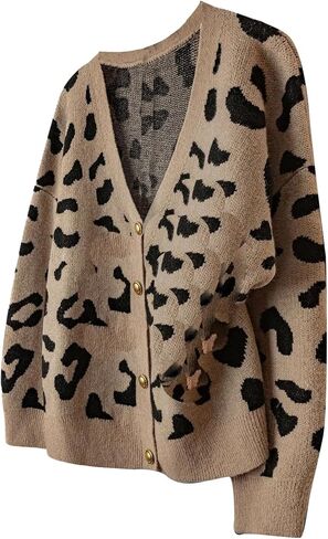 WDIRARA Women's Plus Size Leopard Cardigan Sweaters V Neck Button Down Knit Outerwear in Saudi Arabia