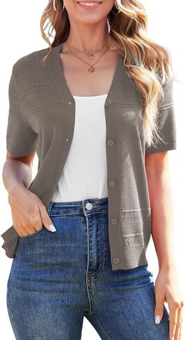 Short Sleeve Cardigans for Women Lightweight Summer Crochet Button Down Cardigan V Neck Hollowed-Out Knit Sweater in Saudi Arabia