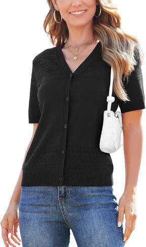 Short Sleeve Cardigans for Women Lightweight Summer Crochet Button Down Cardigan V Neck Hollowed-Out Knit Sweater in Saudi Arabia