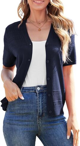 Short Sleeve Cardigans for Women Lightweight Summer Crochet Button Down Cardigan V Neck Hollowed-Out Knit Sweater in Saudi Arabia