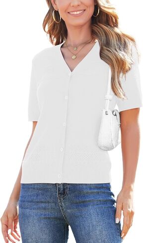 Short Sleeve Cardigans for Women Lightweight Summer Crochet Button Down Cardigan V Neck Hollowed-Out Knit Sweater in Saudi Arabia