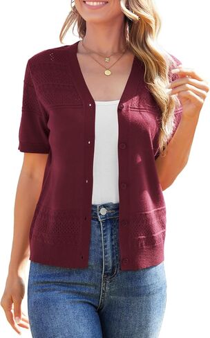 Short Sleeve Cardigans for Women Lightweight Summer Crochet Button Down Cardigan V Neck Hollowed-Out Knit Sweater in Saudi Arabia