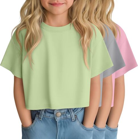3 Pack Girls Crop Short Sleeve Tops Crew Neck Summer Loose T Shirts Casual Spring Basic Cropped Kids Tees Size 5-14Y in Kuwait