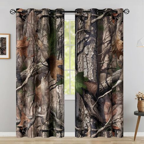 سانزوغ كامو الصيد ستائر التعتيم 84 بوصة طويلة 2 لوحات مجموعة، ريفي المقصورة التمويه الأسود خارج منقوشة ستارة النافذة المطبوعة للرجال الأولاد غرفة نوم غرفة المعيشة، ستائر نافذة جروميت in Kuwait