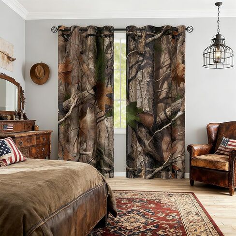 سانزوغ كامو الصيد ستائر التعتيم 84 بوصة طويلة 2 لوحات مجموعة، ريفي المقصورة التمويه الأسود خارج منقوشة ستارة النافذة المطبوعة للرجال الأولاد غرفة نوم غرفة المعيشة، ستائر نافذة جروميت in Kuwait