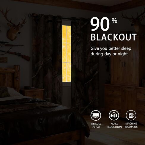 سانزوغ كامو الصيد ستائر التعتيم 84 بوصة طويلة 2 لوحات مجموعة، ريفي المقصورة التمويه الأسود خارج منقوشة ستارة النافذة المطبوعة للرجال الأولاد غرفة نوم غرفة المعيشة، ستائر نافذة جروميت in Kuwait