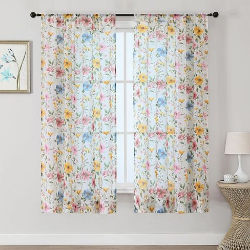 OWENIE Floral Sheer Curtains - 63 Inch Length 2 Panels Set for Living Room Girls Bedroom, Printed Pink Floral Pattern Farmhouse Light Filtering Crinkle Sheer for Spring Decor, 2 Pcs Each 42" Wx63 L in Kuwait