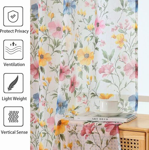 OWENIE Floral Sheer Curtains - 63 Inch Length 2 Panels Set for Living Room Girls Bedroom, Printed Pink Floral Pattern Farmhouse Light Filtering Crinkle Sheer for Spring Decor, 2 Pcs Each 42" Wx63 L in Kuwait