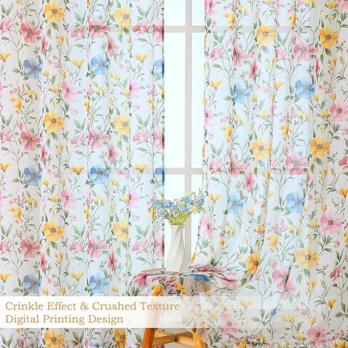 OWENIE Floral Sheer Curtains - 63 Inch Length 2 Panels Set for Living Room Girls Bedroom, Printed Pink Floral Pattern Farmhouse Light Filtering Crinkle Sheer for Spring Decor, 2 Pcs Each 42" Wx63 L in Kuwait