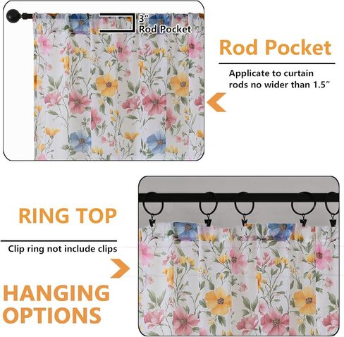 OWENIE Floral Sheer Curtains - 63 Inch Length 2 Panels Set for Living Room Girls Bedroom, Printed Pink Floral Pattern Farmhouse Light Filtering Crinkle Sheer for Spring Decor, 2 Pcs Each 42" Wx63 L in Kuwait