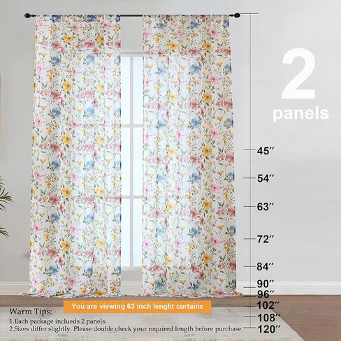 OWENIE Floral Sheer Curtains - 63 Inch Length 2 Panels Set for Living Room Girls Bedroom, Printed Pink Floral Pattern Farmhouse Light Filtering Crinkle Sheer for Spring Decor, 2 Pcs Each 42" Wx63 L in Kuwait