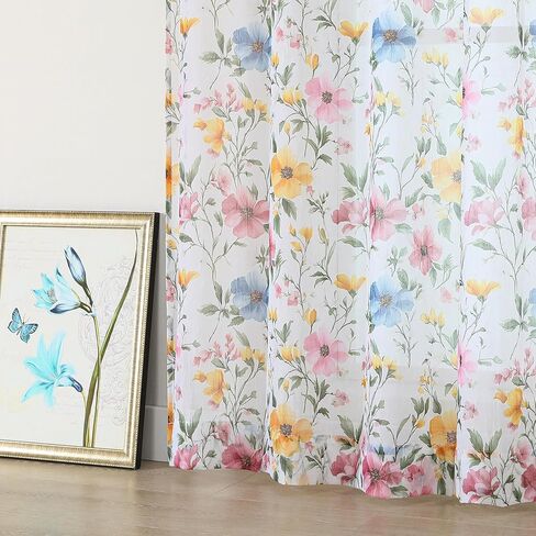 OWENIE Floral Sheer Curtains - 63 Inch Length 2 Panels Set for Living Room Girls Bedroom, Printed Pink Floral Pattern Farmhouse Light Filtering Crinkle Sheer for Spring Decor, 2 Pcs Each 42" Wx63 L in Kuwait