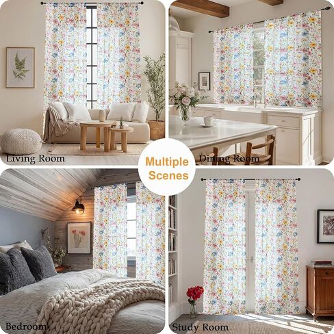 OWENIE Floral Sheer Curtains - 63 Inch Length 2 Panels Set for Living Room Girls Bedroom, Printed Pink Floral Pattern Farmhouse Light Filtering Crinkle Sheer for Spring Decor, 2 Pcs Each 42" Wx63 L in Kuwait