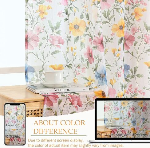 OWENIE Floral Sheer Curtains - 63 Inch Length 2 Panels Set for Living Room Girls Bedroom, Printed Pink Floral Pattern Farmhouse Light Filtering Crinkle Sheer for Spring Decor, 2 Pcs Each 42" Wx63 L in Kuwait