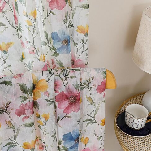 OWENIE Floral Sheer Curtains - 63 Inch Length 2 Panels Set for Living Room Girls Bedroom, Printed Pink Floral Pattern Farmhouse Light Filtering Crinkle Sheer for Spring Decor, 2 Pcs Each 42" Wx63 L in Kuwait