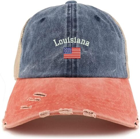 Trendy Apparel Shop Louisiana USA Flag Frayed Bill Trucker Mesh Back Cap in Saudi Arabia