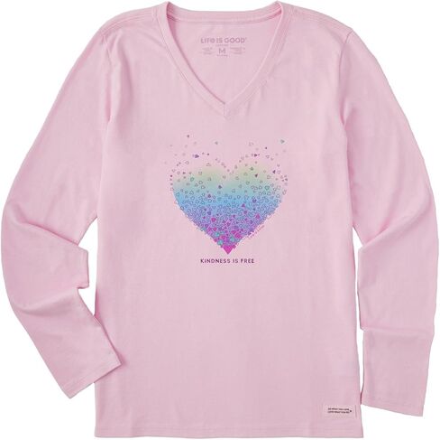 Life is Good. Women's Kindness is Free Evaporating Heart Long Sleeve Crusher Vee, Seashell Pink in Saudi Arabia