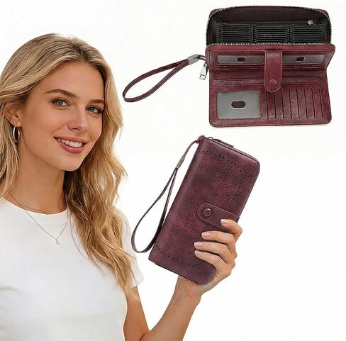 Wallet for Women RFID Blocking Leather Clutch Long Purse Large Capacity Credit Card Holder Wristlet (Wine red) in Saudi Arabia