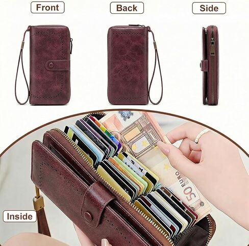 Wallet for Women RFID Blocking Leather Clutch Long Purse Large Capacity Credit Card Holder Wristlet (Wine red) in Saudi Arabia