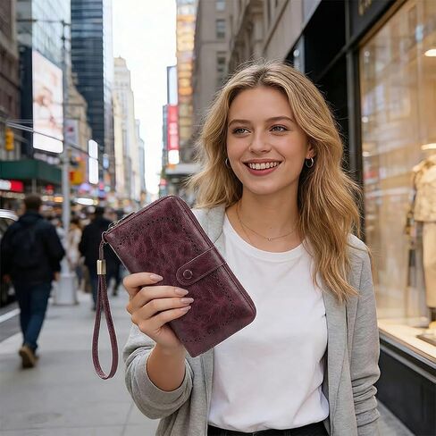 Wallet for Women RFID Blocking Leather Clutch Long Purse Large Capacity Credit Card Holder Wristlet (Wine red) in Saudi Arabia