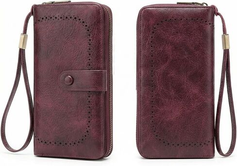 Wallet for Women RFID Blocking Leather Clutch Long Purse Large Capacity Credit Card Holder Wristlet (Wine red) in Saudi Arabia
