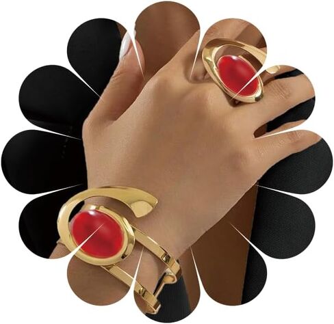 Gold Open Bracelet Ring for Women Chunky Pearl Cuff Open Adjustable Bracelet Ring Set Vintage Punk Jewelry in Kuwait