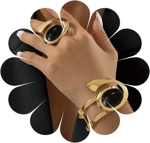 Gold Open Bracelet Ring for Women Chunky Pearl Cuff Open Adjustable Bracelet Ring Set Vintage Punk Jewelry in Saudi Arabia
