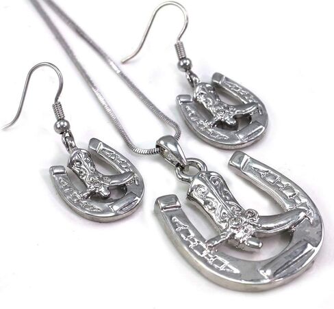 Horseshoe Horse Shoe Cowboy Boots Pendant Necklace & Earrings 2-Piece Set Fashion Jewelry in Saudi Arabia