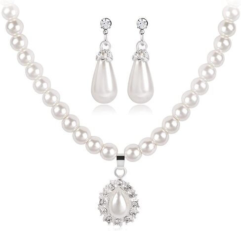 JWICOS Pearl Wedding Necklace Earrings Set for Bride and Bridesmaid Rhinestones Choker Pearl Crystal Accessories for Women Prom in Saudi Arabia