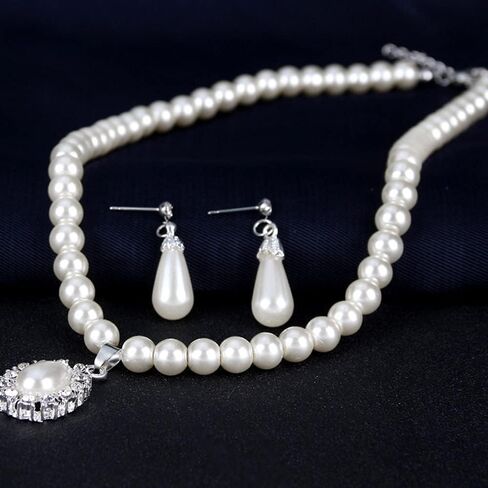 JWICOS Pearl Wedding Necklace Earrings Set for Bride and Bridesmaid Rhinestones Choker Pearl Crystal Accessories for Women Prom in Saudi Arabia