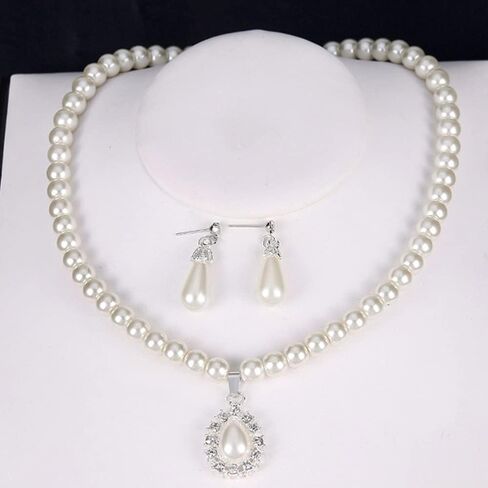 JWICOS Pearl Wedding Necklace Earrings Set for Bride and Bridesmaid Rhinestones Choker Pearl Crystal Accessories for Women Prom in Saudi Arabia