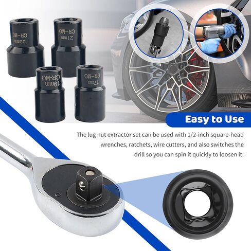 5PCS Locking Lug Nut Removal Tool,17-22mm Wheel Lock Removal Kit with 6 Point Design for Replacing The Nuts,Automotive Tools 1/2" Drive Lug Nut Extractor Set with Center Punch Bar in Saudi Arabia